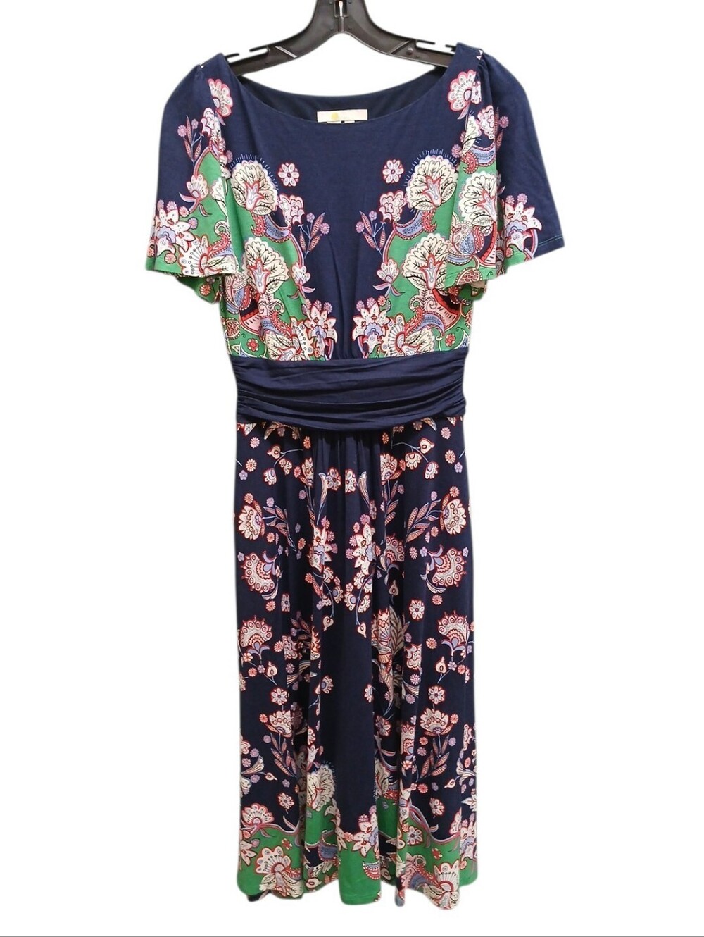 Boden Navy Floral Midi Jersey Dress with Green and Pink Accents Size 2 Petite